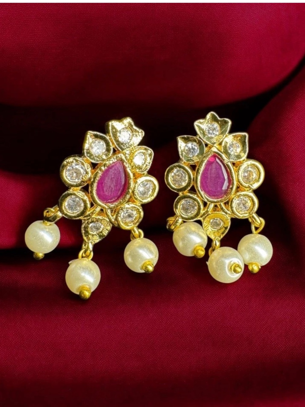 Exquisite Gold-Plated Floral Earrings with Pink Stones and Elegant Pearl Drops